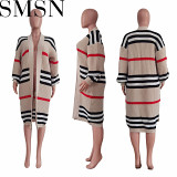 European and American women clothing casual cardigan long handmade knitted striped coat