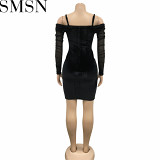 Plus Size Dress mesh long sleeve off the shoulder V neck velvet spaghetti straps dress for women