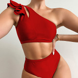 European and American solid color split swimsuit one shoulder ruffled sexy women swimsuit