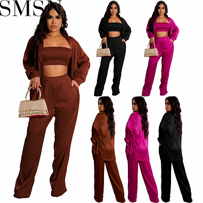 Three piece outfits Amazon fashion temperament pure color top and pants three piece set