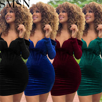 Plus Size Dress mesh long sleeve off the shoulder V neck velvet spaghetti straps dress for women