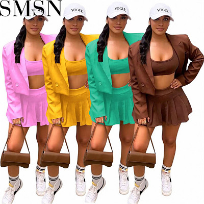 3 piece set women autumn and winter leisure suit short vest pleated skirt solid color three piece suit
