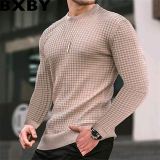 Amazon autumn waffle men trendy round neck pullover trendy loose knitted long sleeves cotton T top men