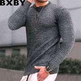 Amazon autumn waffle men trendy round neck pullover trendy loose knitted long sleeves cotton T top men