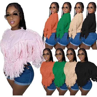 Fall winter trendy long sleeve knitted pullover sweater tassel crop top sweater