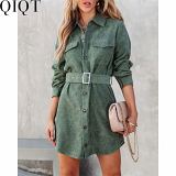 Plus Size Dress autumn and winter solid color corduroy casual lace up dress shirt dress