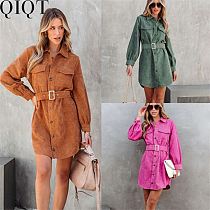 Plus Size Dress autumn and winter solid color corduroy casual lace up dress shirt dress