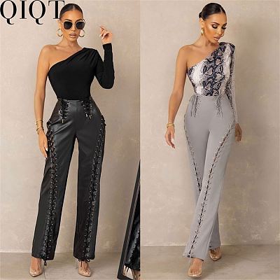 2022 personalized trendy PU leather trousers women fashionable all match lace up wide leg pants