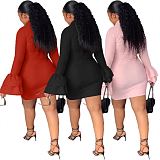Hot Selling Ladies Casual Dress Flare Sleeve Solid Plus Size Office Fall Women Short Dresses