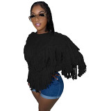 Fall winter trendy long sleeve knitted pullover sweater tassel crop top sweater