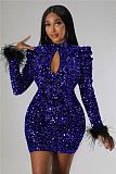 2023 new arrivals sexy backless sequins dress feather sleeve skinny prom dress