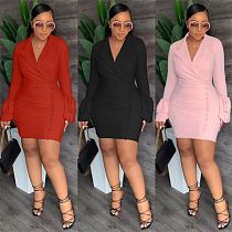 Hot Selling Ladies Casual Dress Flare Sleeve Solid Plus Size Office Fall Women Short Dresses