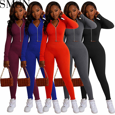 Two Piece Set Women Clothing Amazon new solid color double zipper sunken stripe two piece set