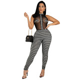 Sexy women jumpsuit night club style sleeveless houndstooth knitted thread see through jumpsuit