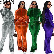 2 piece outfits Amazon new fashion drawstring solid color dense velvet slightly flared two piece set