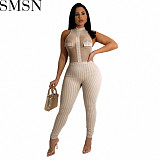 Sexy women jumpsuit night club style sleeveless houndstooth knitted thread see through jumpsuit
