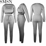 Women joggers suits set solid color high elastic thread sunken stripe long sleeve three piece set
