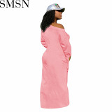 Plus Size Dress solid color cotton long sleeve cuff knotted dress long skirt with pockets on both sides