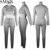 Women joggers suits set solid color high elastic thread sunken stripe long sleeve three piece set
