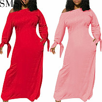 Plus Size Dress solid color cotton long sleeve cuff knotted dress long skirt with pockets on both sides