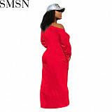 Plus Size Dress solid color cotton long sleeve cuff knotted dress long skirt with pockets on both sides