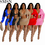 3 piece set women Amazon sexy double sided velvet bra jacket hip skirt three piece set