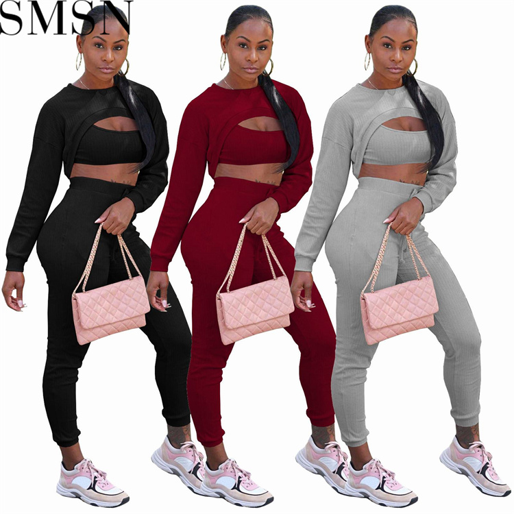 Women joggers suits set solid color high elastic thread sunken stripe ...