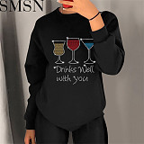 Autumn and winter women clothing diamond long sleeve casual loose round neck sweater