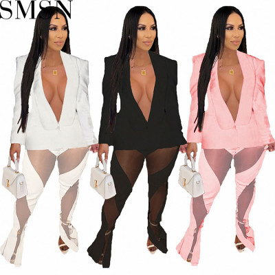 Fashion sets European and American women clothing solid color suit mesh stitching tied two piece set