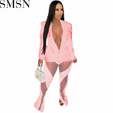 Fashion sets European and American women clothing solid color suit mesh stitching tied two piece set