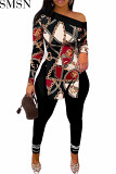 2 piece outfits autumn and winter pattern floral print slit hem slant shoulder long sleeve trousers suit