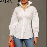 European and American Sexy Slim fit suit button cardigan pure white shirt top