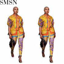 Set women fashion casual long sleeve shirt rich printed two piece suit
