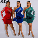 Plus Size Dress European and American sexy oblique shoulder rhinestone beaded feather dress