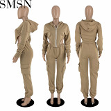 Women joggers suits set Amazon autumn and winter irregular solid color zipper sweater dungarees suit
