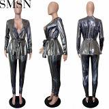 Two Piece Set Women Clothing Amazon new slim fit fashion bronzed fabric long sleeve suit with belt