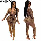 Two Piece Set Women Clothing Amazon new slim fit fashion bronzed fabric long sleeve suit with belt