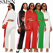 Set women Amazon women striped button color matching slit pants sports two piece suit