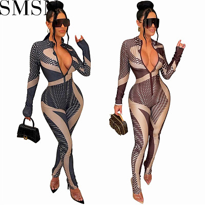 Women Jumpsuits And Rompers slim fit slimming printed zipper close fitting body shaping jumpsuit