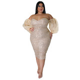 Plus Size Dress sexy sequins dress tube top mesh solid color evening dress tight hot girl hip skirt