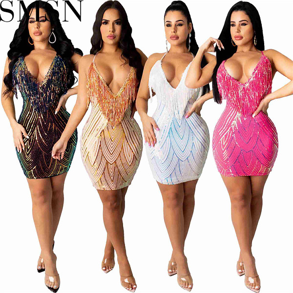 Plus Size Dress Amazon hot selling sexy sling sequin tassel dress