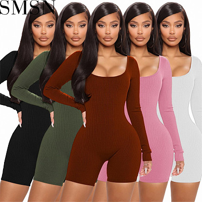 Bodycon jumpsuit Amazon spring new thread square collar Sexy Slim casual one piece shorts