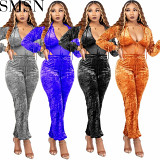 2 Piece Set Women Amazon autumn and winter solid color New sexy mesh stitching leisure sports suit