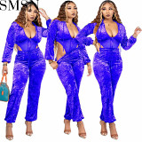 2 Piece Set Women Amazon autumn and winter solid color New sexy mesh stitching leisure sports suit