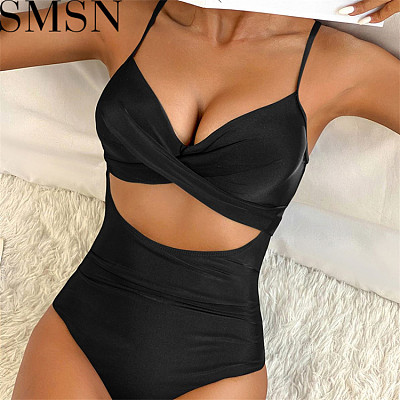 2023 new AliExpress solid color hollow Siamese high waist sexy lace up bikini swimsuit for women