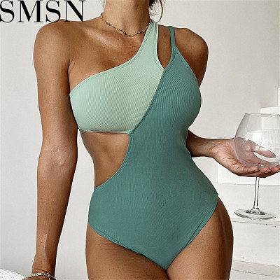 2023 color matching sunken stripe one shoulder one piece high waist hollow sexy bikini swimsuit