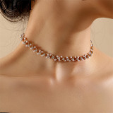 Temperament inlaid rhinestone necklace simple vintage pearl collarbone chain choker