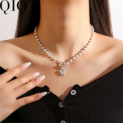 Cross border necklace minority senior OT buckle pearl chain butterfly pendant clavicle chain