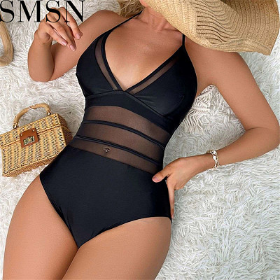 2023 new pure color mesh high waist backless sexy Siamese bikini swimsuit for women