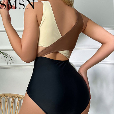 2023 AliExpress color matching high waist sexy one piece bikini swimsuit swimwear women